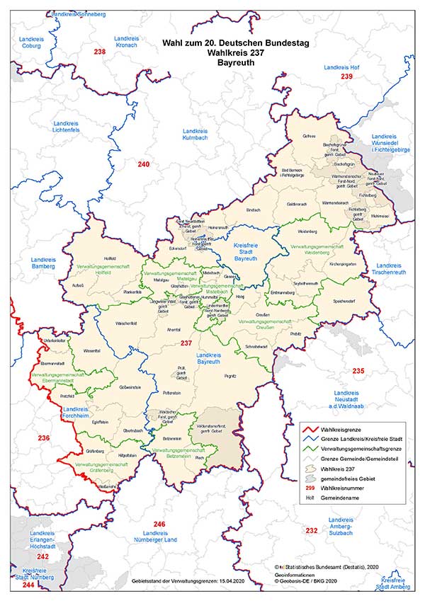 Karte des Bundestagswahlkreis Bayreuth mit den Landkreis- und Gemeindegrenzen
