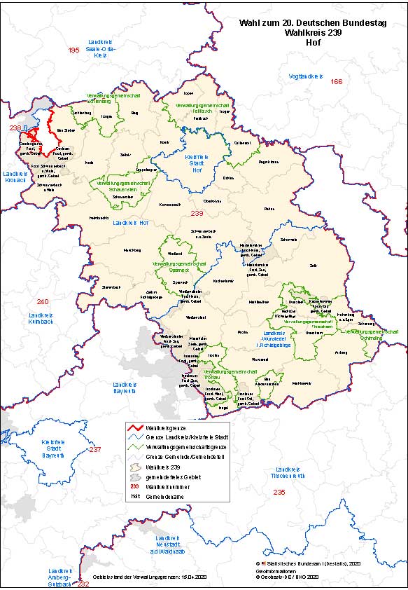 Karte des Bundestagswahlkreis Hof mit den Landkreis- und Gemeindegrenzen