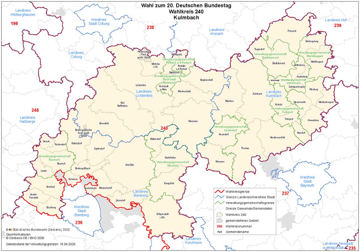 Karte des Bundestagswahlkreis Kulmbach mit den Landkreis- und Gemeindegrenzen