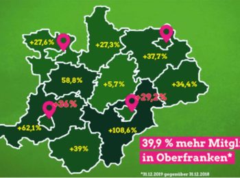 Karte von Oberfranken in der die Lankreise und Kreisfreien Städte sowie derem Mitgliederzuwachs in 2019 eingezeichnet ist.