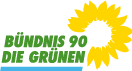 Grüner, kursiver zweizeiliger Schriftzug 'Bündnis 90/Die Grünen' mit hellblauem Unterstrich. Daneben stilisierte Sonnenblume in gelb, die links unten vom Striftzug überlager wird.