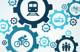 Symbolillustration für die Verzahnung von Bahn, Bus, Sharing, Rad und Fußmobilität 